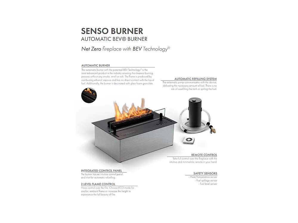 Planika - Senso Burner BEV Ventless Bio-ethanolbrander, afstandsbediening, echte vlam, staal
