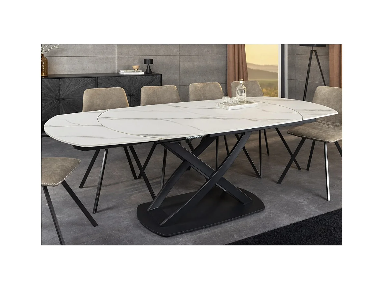 Table ATONIA – Ovale extensible 130 à 190 cm – Plateau céramique effet marbre blanc – Pieds métal – Style moderne