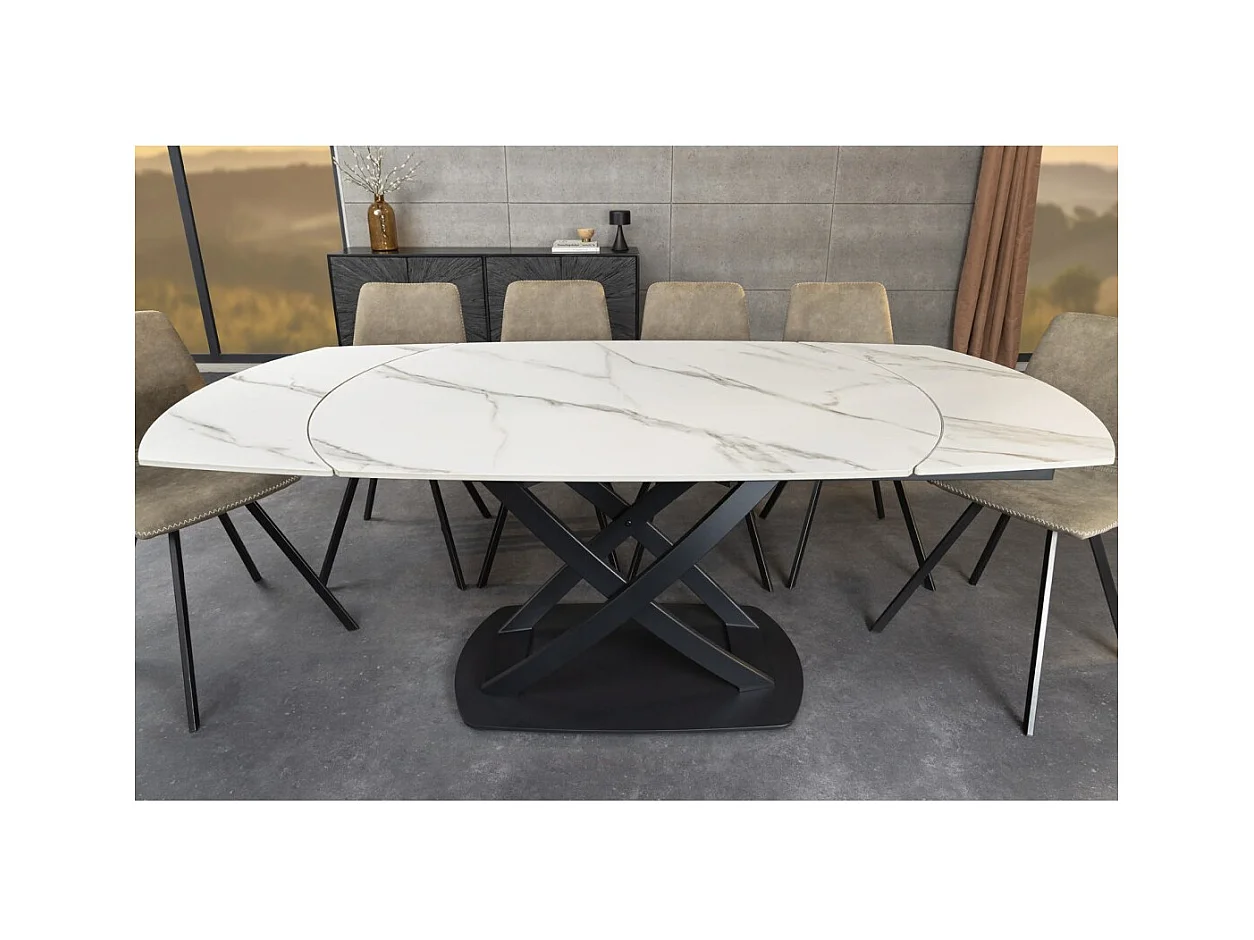 Table ATONIA – Ovale extensible 130 à 190 cm – Plateau céramique effet marbre blanc – Pieds métal – Style moderne