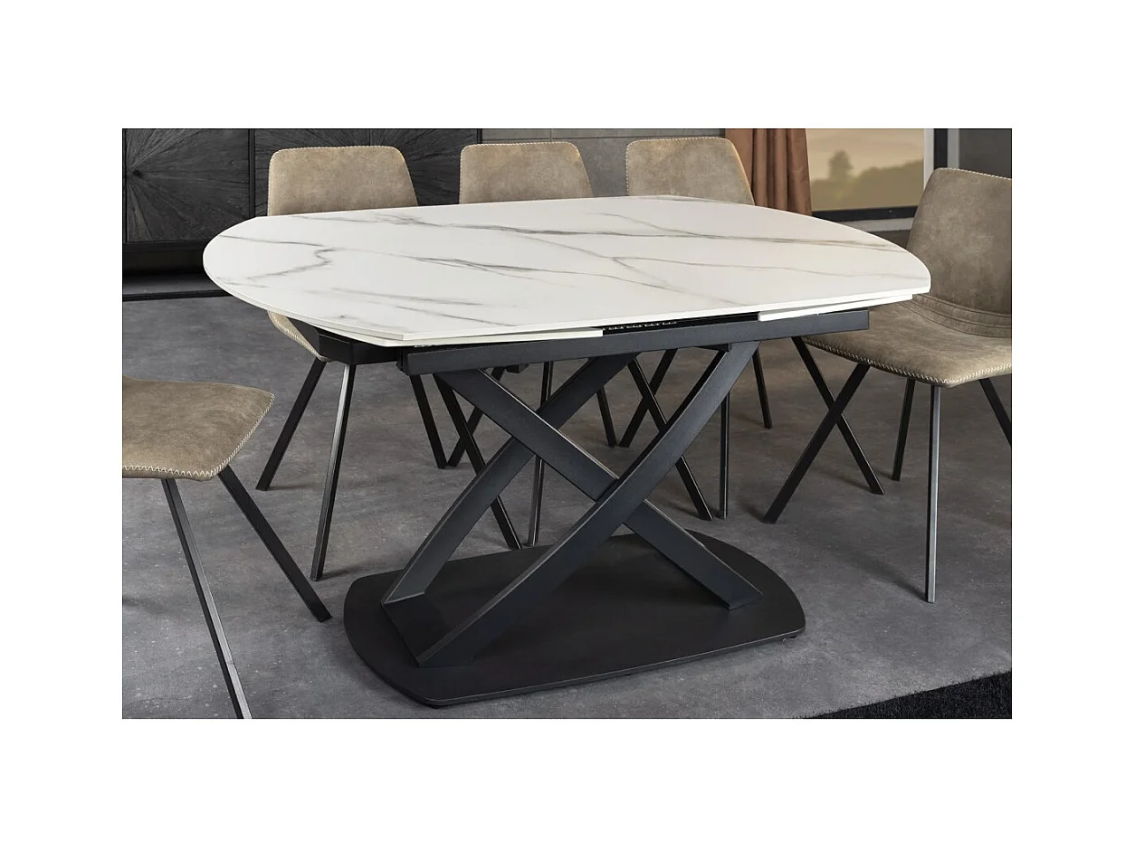 Table ATONIA – Ovale extensible 130 à 190 cm – Plateau céramique effet marbre blanc – Pieds métal – Style moderne