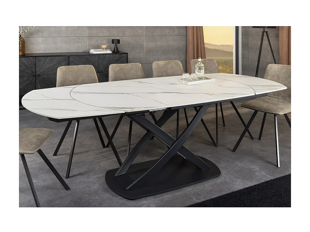 Table ATONIA – Ovale extensible 130 à 190 cm – Plateau céramique effet marbre blanc – Pieds métal – Style moderne