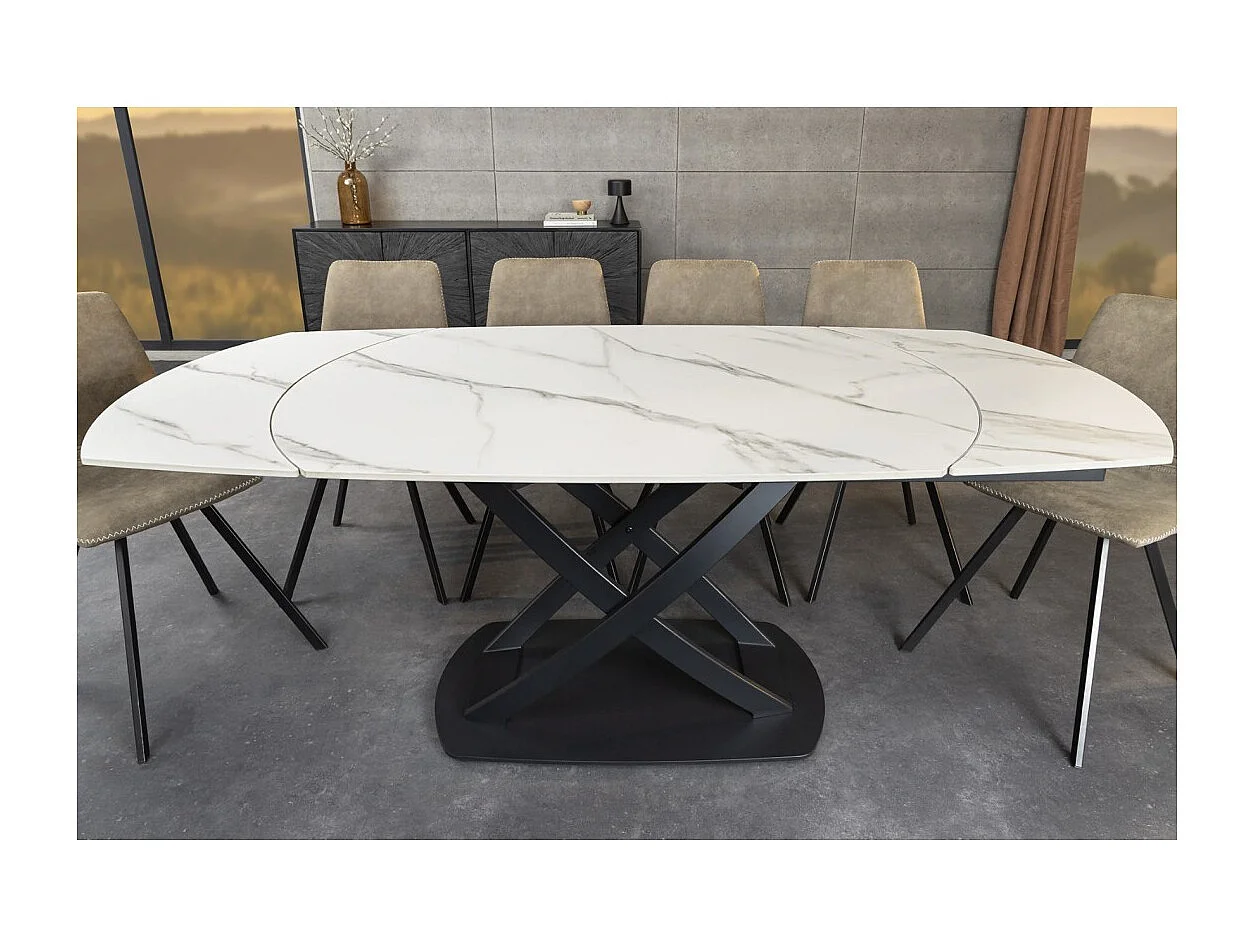Table ATONIA – Ovale extensible 130 à 190 cm – Plateau céramique effet marbre blanc – Pieds métal – Style moderne