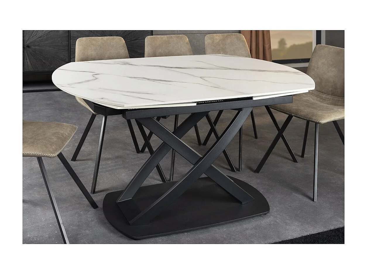 Table ATONIA – Ovale extensible 130 à 190 cm – Plateau céramique effet marbre blanc – Pieds métal – Style moderne