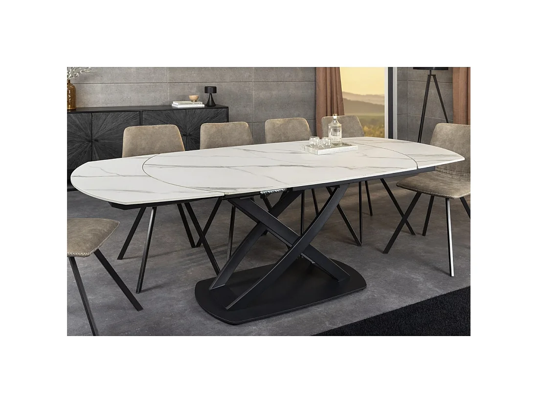 Tafel ATONIA – Ovaal uitschuifbaar van 130 tot 190 cm – Blad van keramiek met wit marmer effect – Metalen poten – Moderne stijl