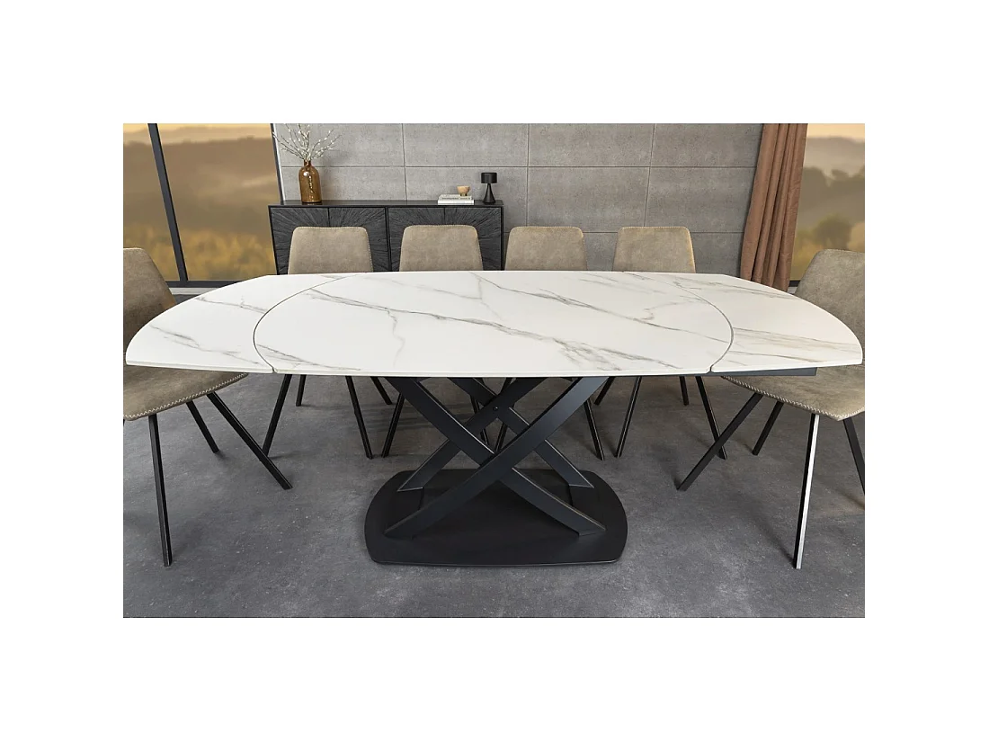 Tafel ATONIA – Ovaal uitschuifbaar van 130 tot 190 cm – Blad van keramiek met wit marmer effect – Metalen poten – Moderne stijl