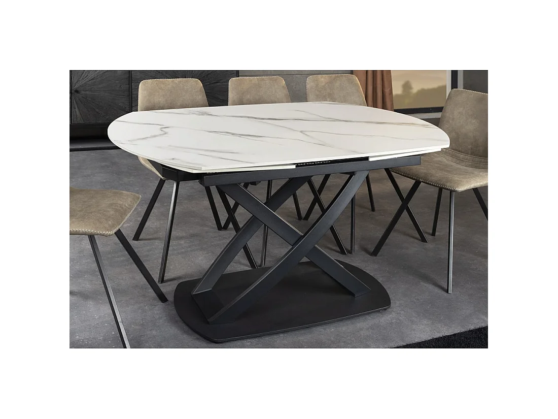 Tafel ATONIA – Ovaal uitschuifbaar van 130 tot 190 cm – Blad van keramiek met wit marmer effect – Metalen poten – Moderne stijl