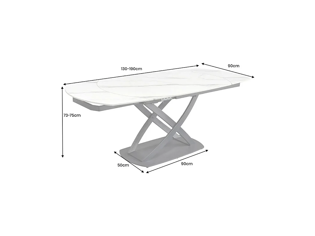 Tafel ATONIA – Ovaal uitschuifbaar van 130 tot 190 cm – Blad van keramiek met wit marmer effect – Metalen poten – Moderne stijl