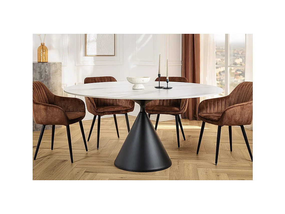 Table de salle à manger VOLTIS – Ronde diamètre 135 cm – Plateau céramique effet marbre blanc – Pieds métal – Style chic