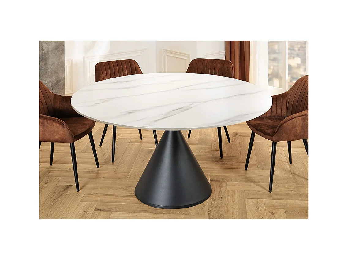 Table de salle à manger VOLTIS – Ronde diamètre 135 cm – Plateau céramique effet marbre blanc – Pieds métal – Style chic