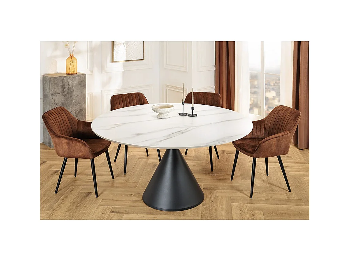 Table de salle à manger VOLTIS – Ronde diamètre 135 cm – Plateau céramique effet marbre blanc – Pieds métal – Style chic