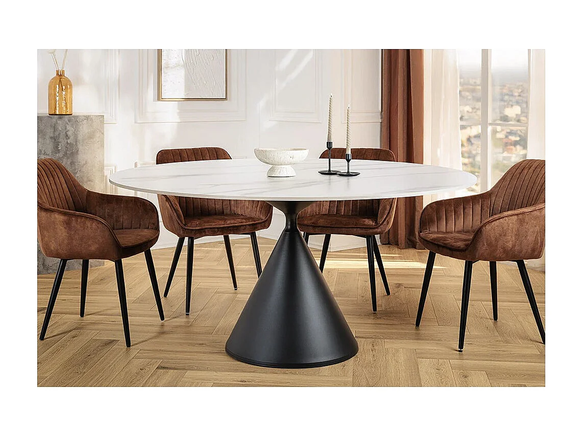 Table de salle à manger VOLTIS – Ronde diamètre 135 cm – Plateau céramique effet marbre blanc – Pieds métal – Style chic