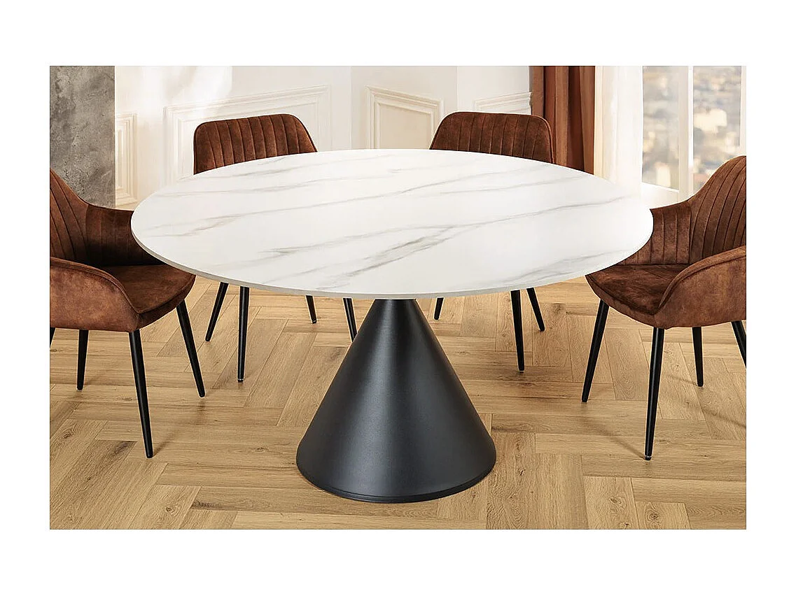 Table de salle à manger VOLTIS – Ronde diamètre 135 cm – Plateau céramique effet marbre blanc – Pieds métal – Style chic