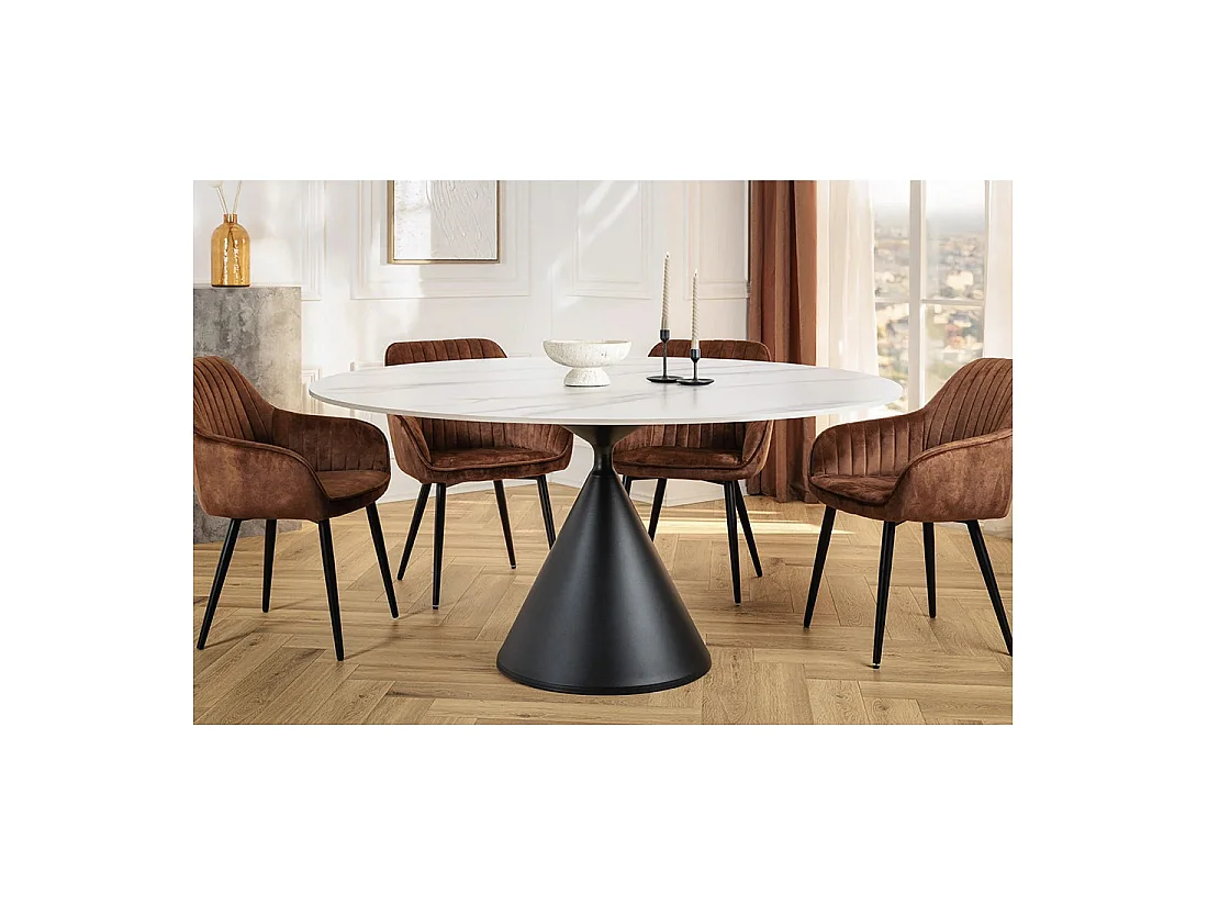 Eettafel VOLTIS - Rond diameter 135 cm - Keramisch blad met wit marmer effect - Metalen poten - Chique stijl