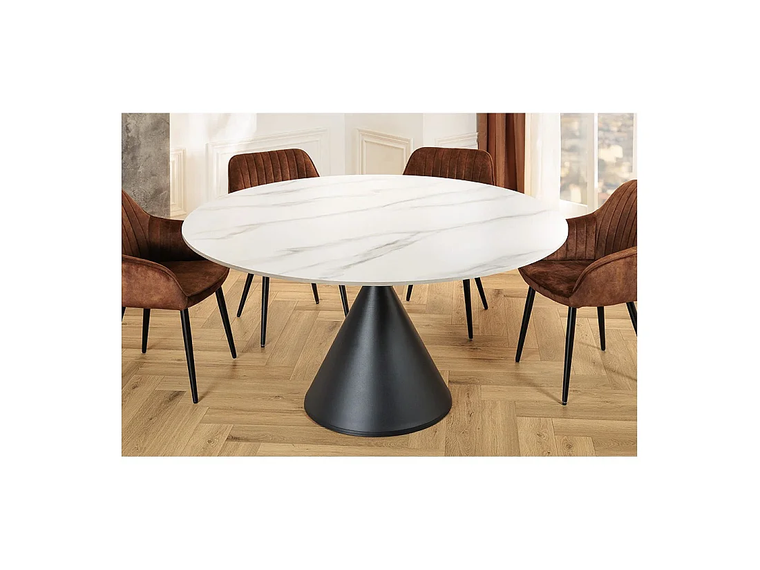 Eettafel VOLTIS - Rond diameter 135 cm - Keramisch blad met wit marmer effect - Metalen poten - Chique stijl