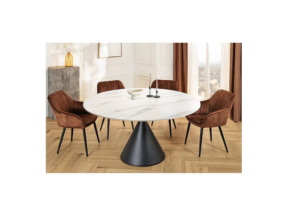 Eettafel VOLTIS - Rond diameter 135 cm - Keramisch blad met wit marmer effect - Metalen poten - Chique stijl