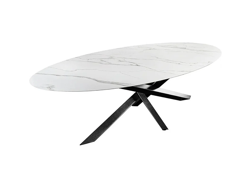 Table de salle à manger AERIS – Ovale 280 cm – Plateau céramique effet marbre blanc – Pieds métal – Style chic