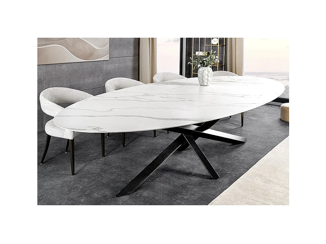Table de salle à manger AERIS – Ovale 280 cm – Plateau céramique effet marbre blanc – Pieds métal – Style chic