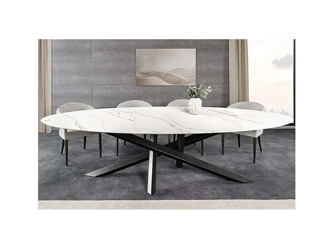 Table de salle à manger AERIS – Ovale 280 cm – Plateau céramique effet marbre blanc – Pieds métal – Style chic