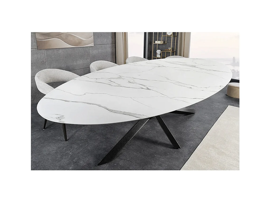 Table de salle à manger AERIS – Ovale 280 cm – Plateau céramique effet marbre blanc – Pieds métal – Style chic
