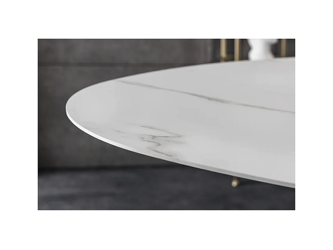 Table de salle à manger AERIS – Ovale 280 cm – Plateau céramique effet marbre blanc – Pieds métal – Style chic