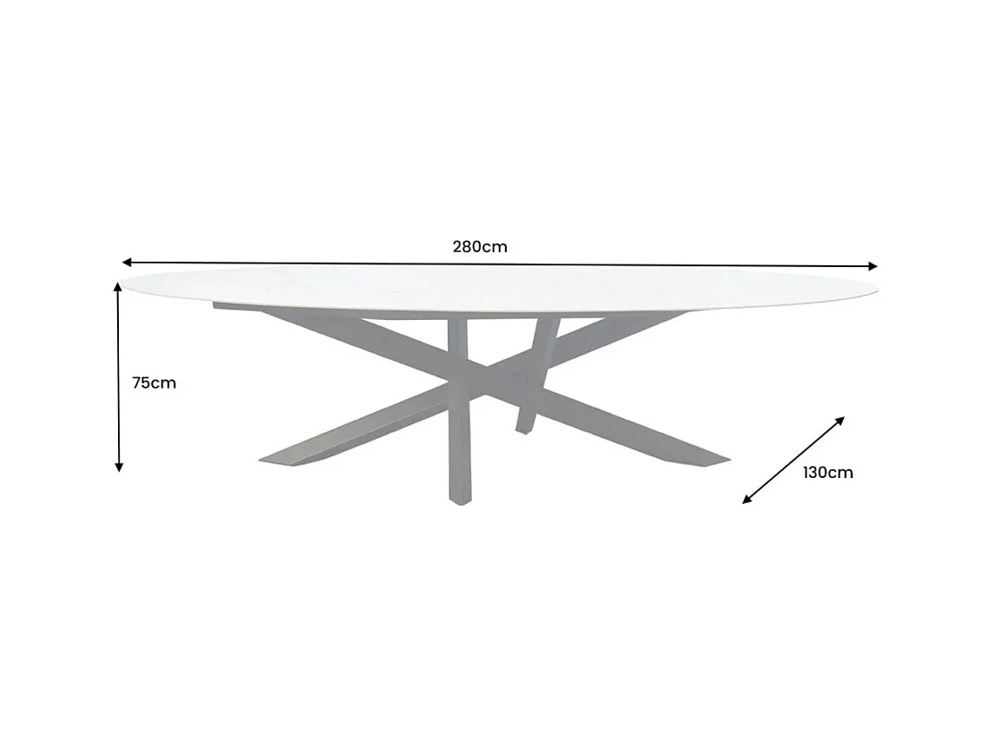 Table de salle à manger AERIS – Ovale 280 cm – Plateau céramique effet marbre blanc – Pieds métal – Style chic