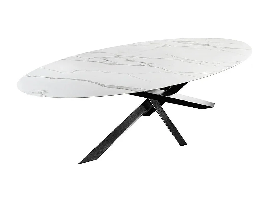 Table de salle à manger AERIS – Ovale 280 cm – Plateau céramique effet marbre blanc – Pieds métal – Style chic