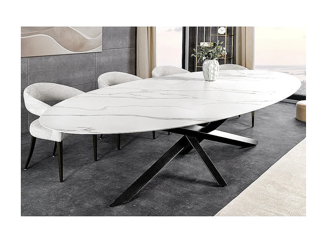 Table de salle à manger AERIS – Ovale 280 cm – Plateau céramique effet marbre blanc – Pieds métal – Style chic