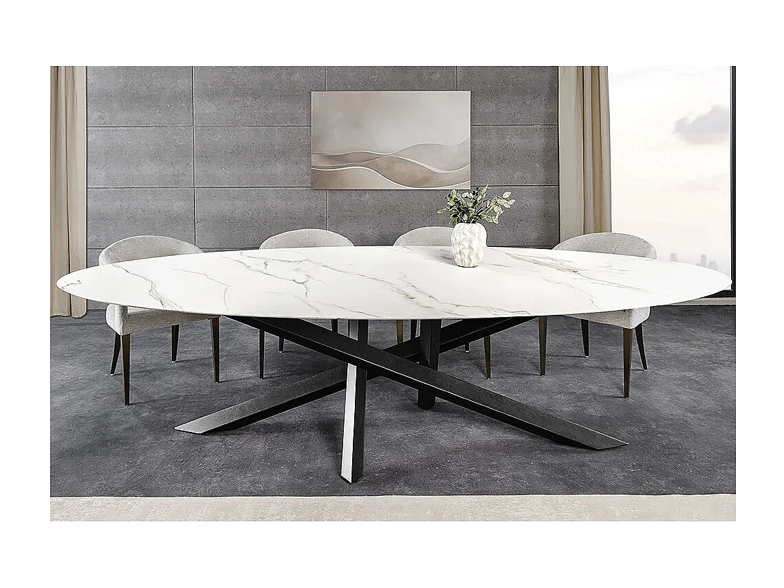 Table de salle à manger AERIS – Ovale 280 cm – Plateau céramique effet marbre blanc – Pieds métal – Style chic