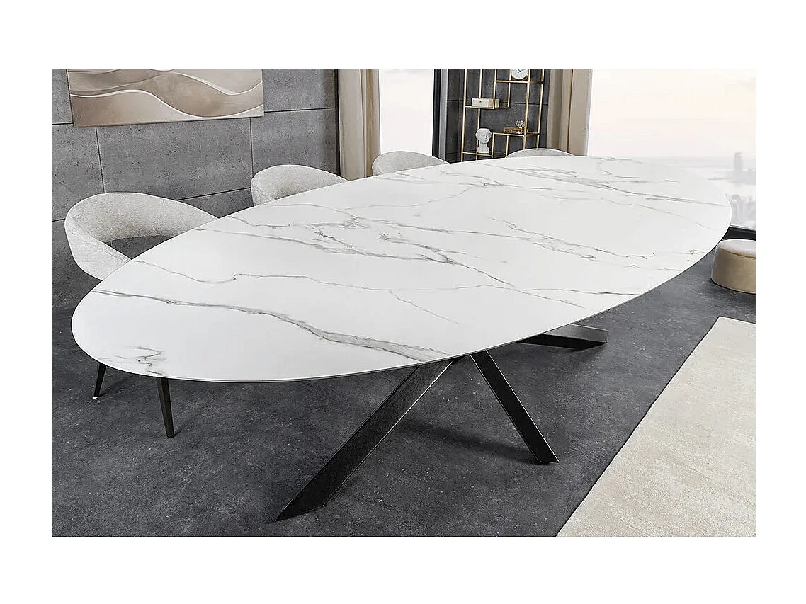 Table de salle à manger AERIS – Ovale 280 cm – Plateau céramique effet marbre blanc – Pieds métal – Style chic
