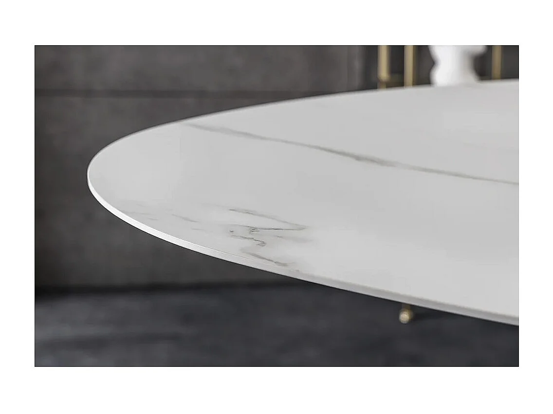 Table de salle à manger AERIS – Ovale 280 cm – Plateau céramique effet marbre blanc – Pieds métal – Style chic