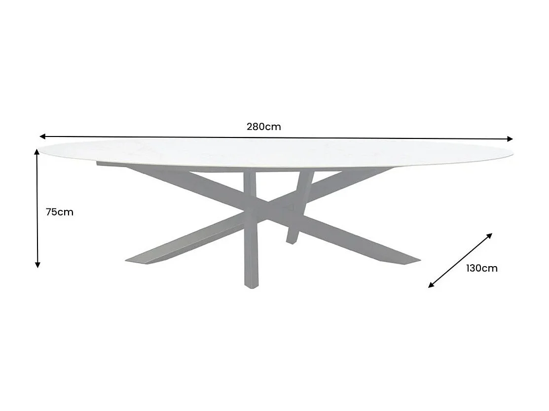 Table de salle à manger AERIS – Ovale 280 cm – Plateau céramique effet marbre blanc – Pieds métal – Style chic