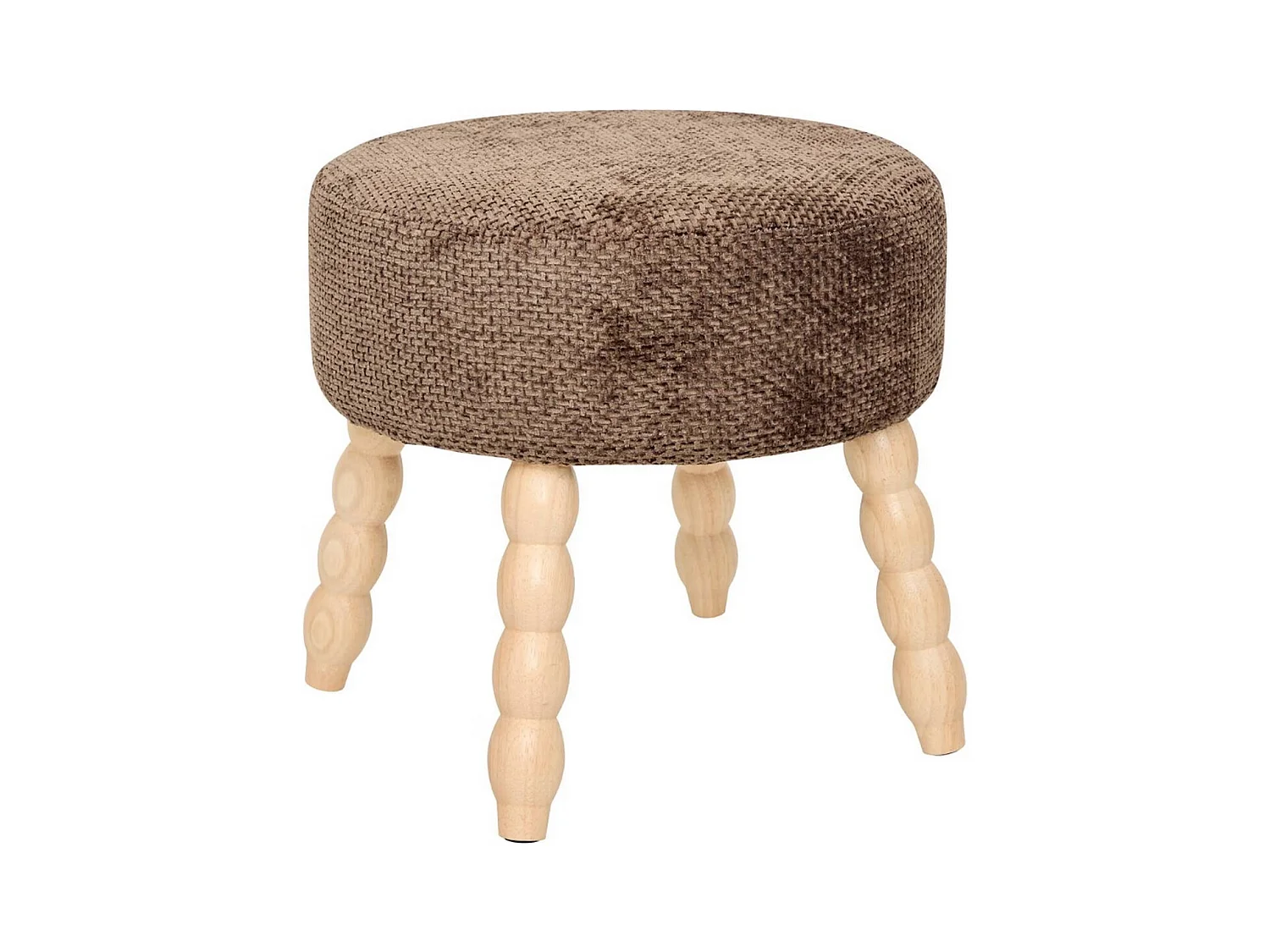 Tabouret rond rembourré tissu marron et pieds en bois - Diamètre 39 x Profondeur 38 x Hauteur 38 cm