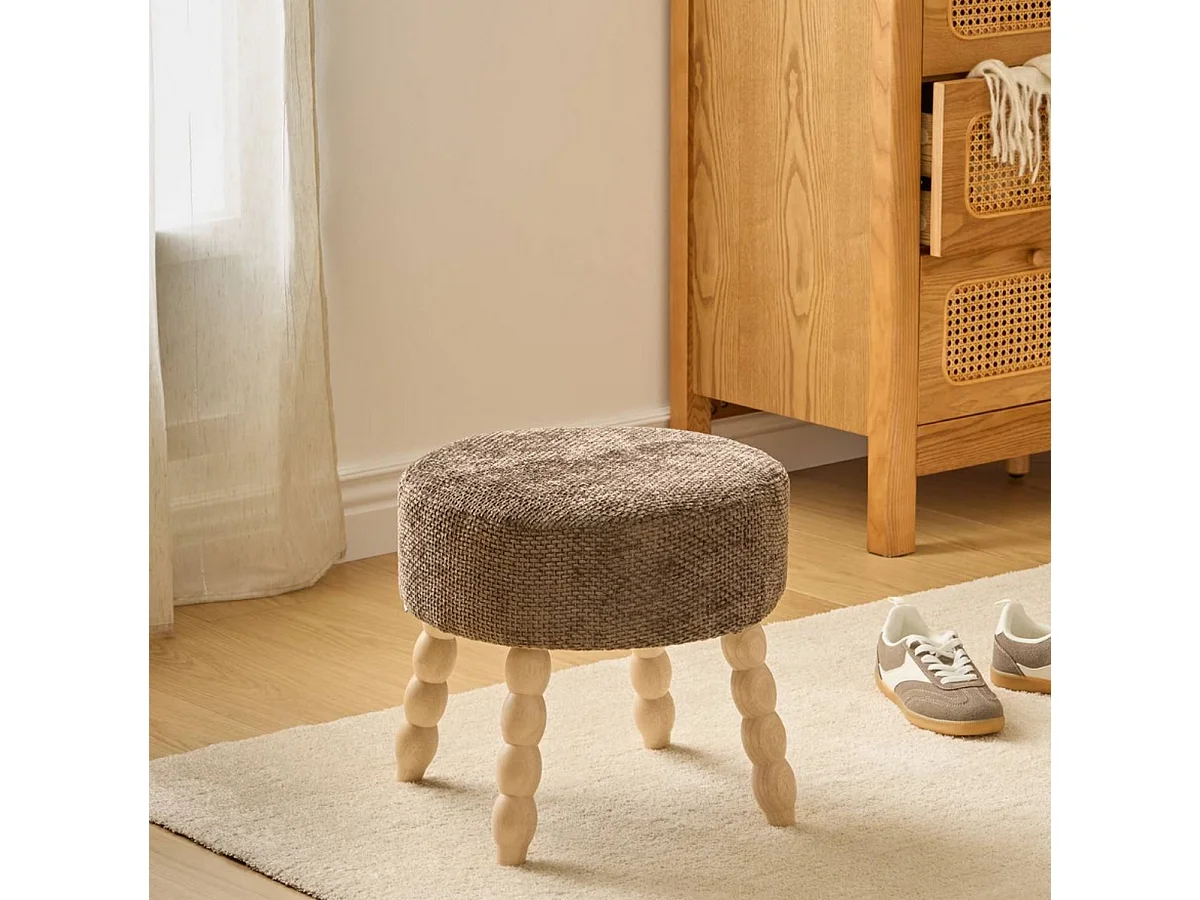 Tabouret rond rembourré tissu marron et pieds en bois - Diamètre 39 x Profondeur 38 x Hauteur 38 cm