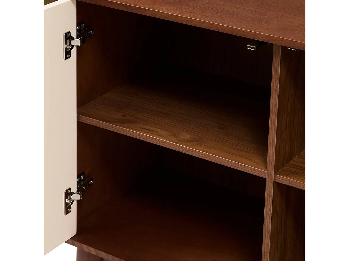 Buffet 3 portes et 6 étagères coloris effet noyer/beige - Longueur 150 x Profondeur 40 x Hauteur 75,5 cm