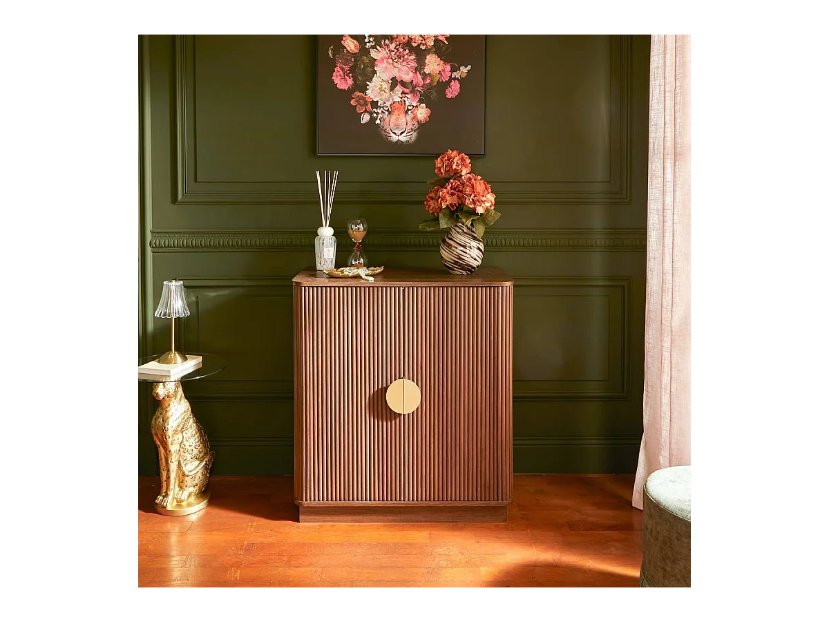 Buffet bas 2 portes meuble de rangement coloris Noyer - Longueur 80 x Profondeur 40 x Hauteur 85 cm