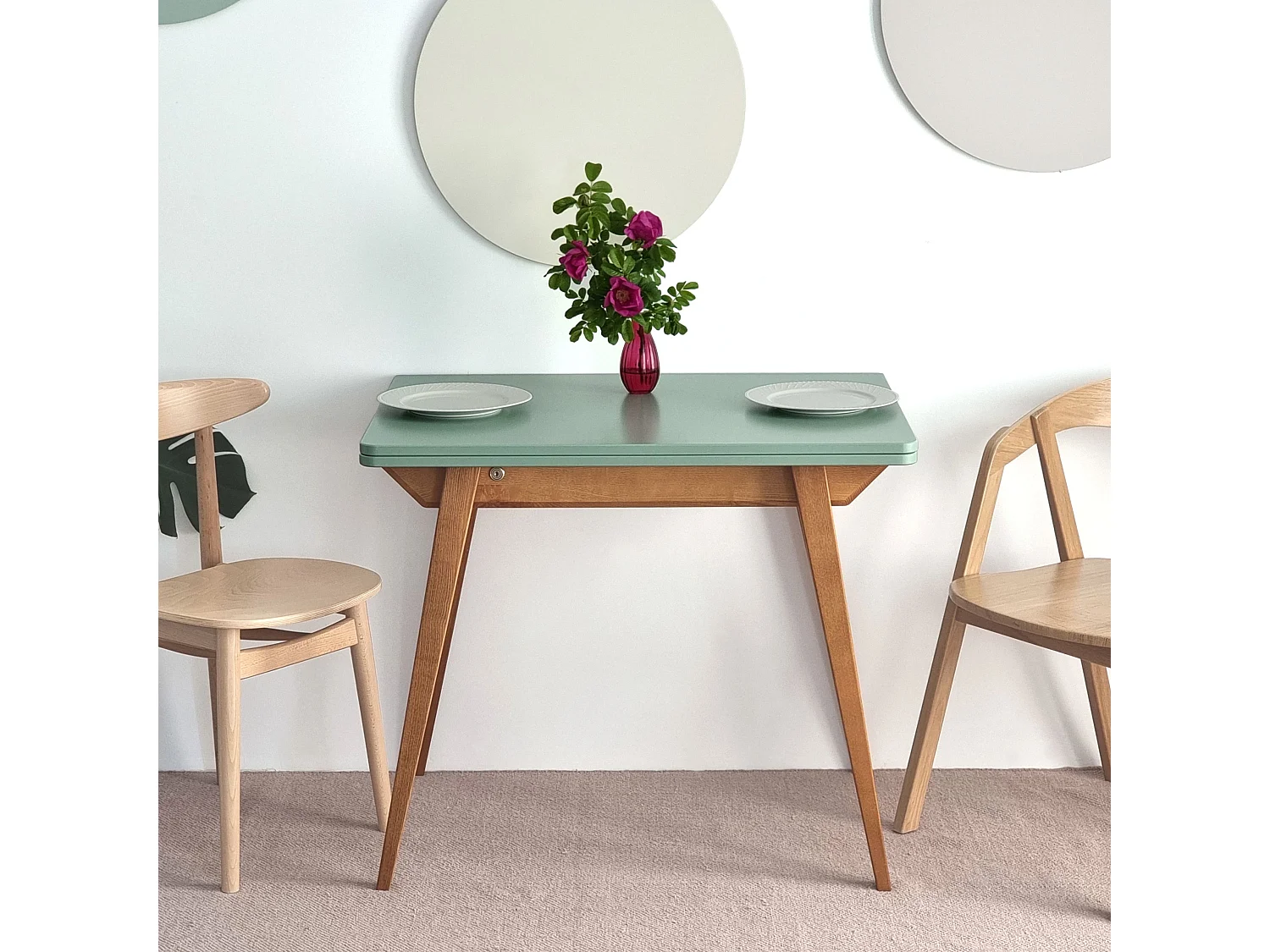 Table à manger extensible 90x65 Envelope Rose Poudré Chêne