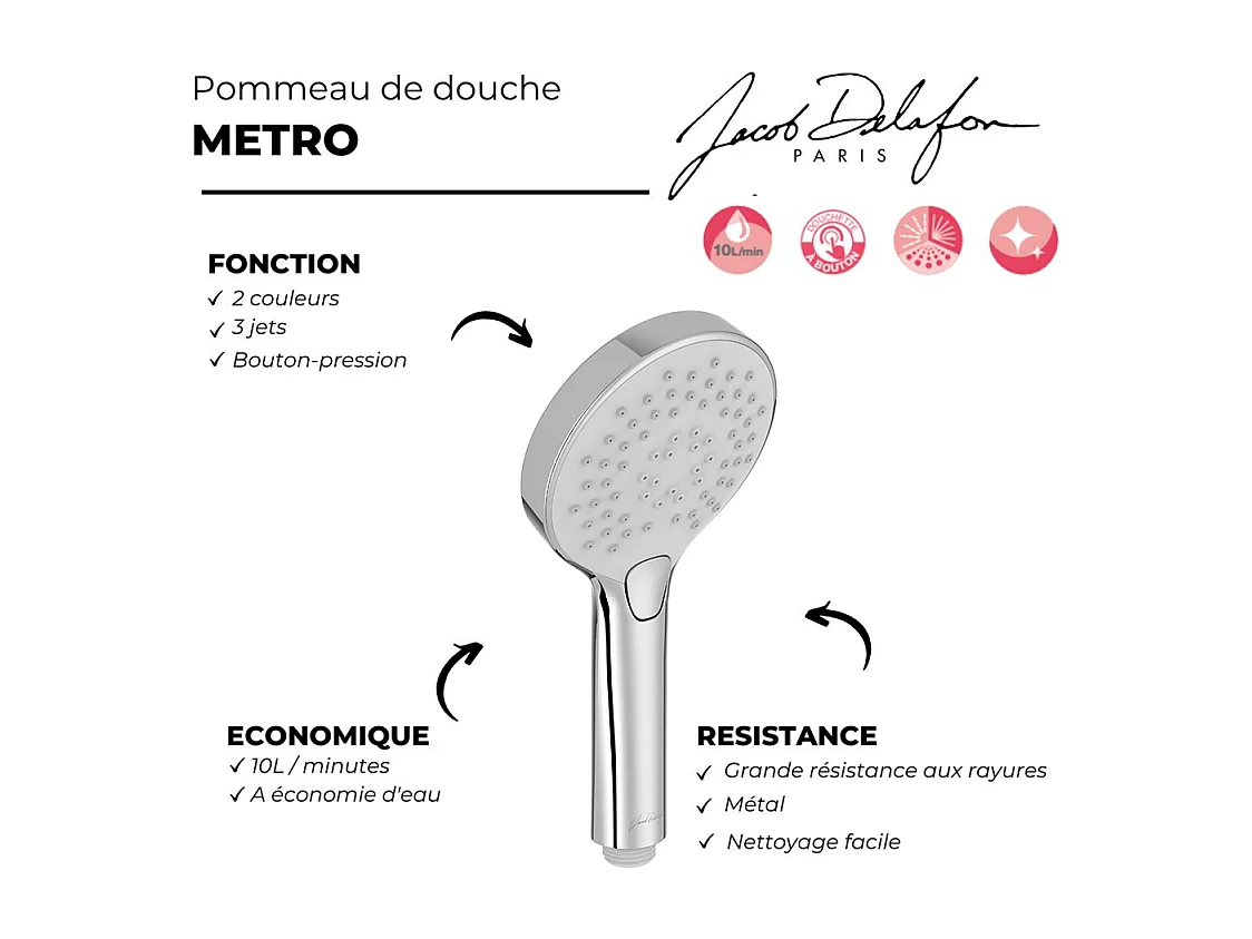 Pommeau de douche JACOB DELAFON Metro 3 jets chromé + flexible