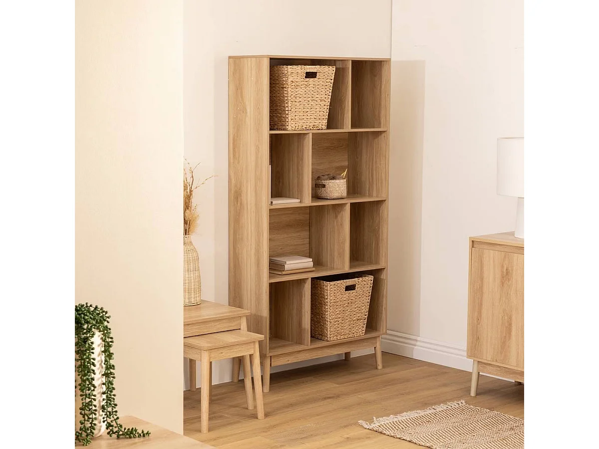 Bibliothèque étagère avec 8 niches coloris effet bois naturel - Longueur 80 x Profondeur 30 x Hauteur 160 cm