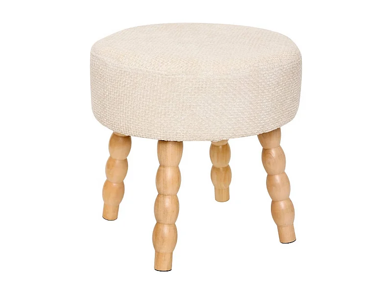 Tabouret rond rembourré tissu crème et pieds en bois - Diamètre 39 x Profondeur 38 x Hauteur 38 cm