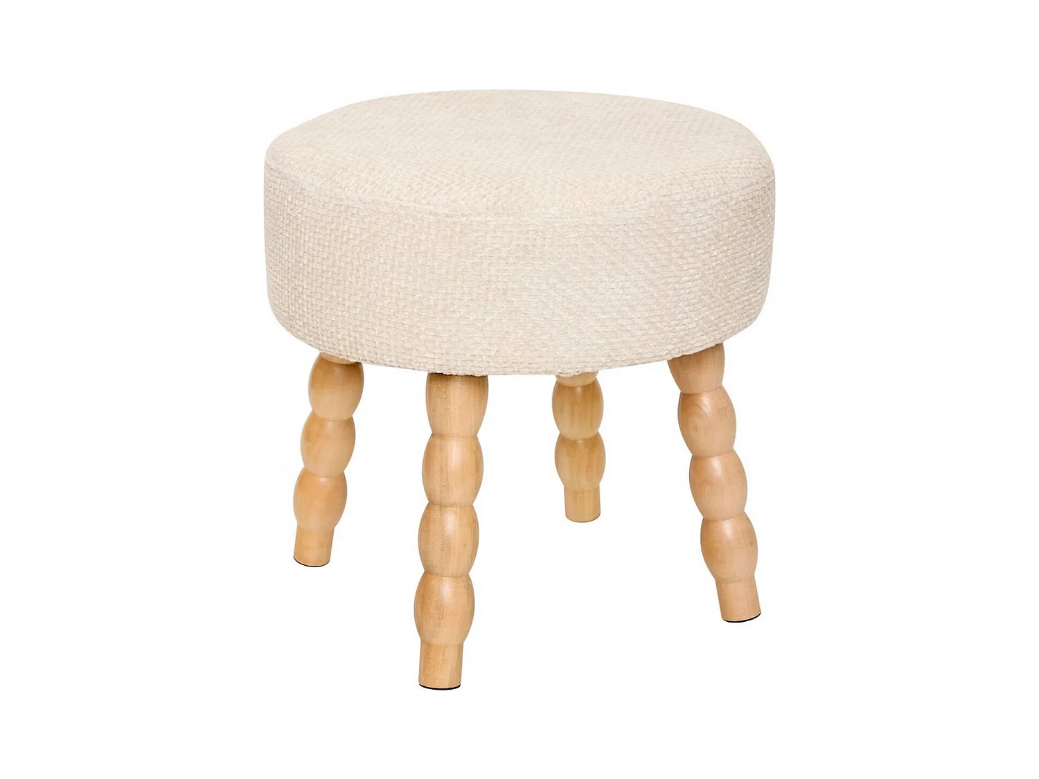 Tabouret rond rembourré tissu crème et pieds en bois - Diamètre 39 x Profondeur 38 x Hauteur 38 cm