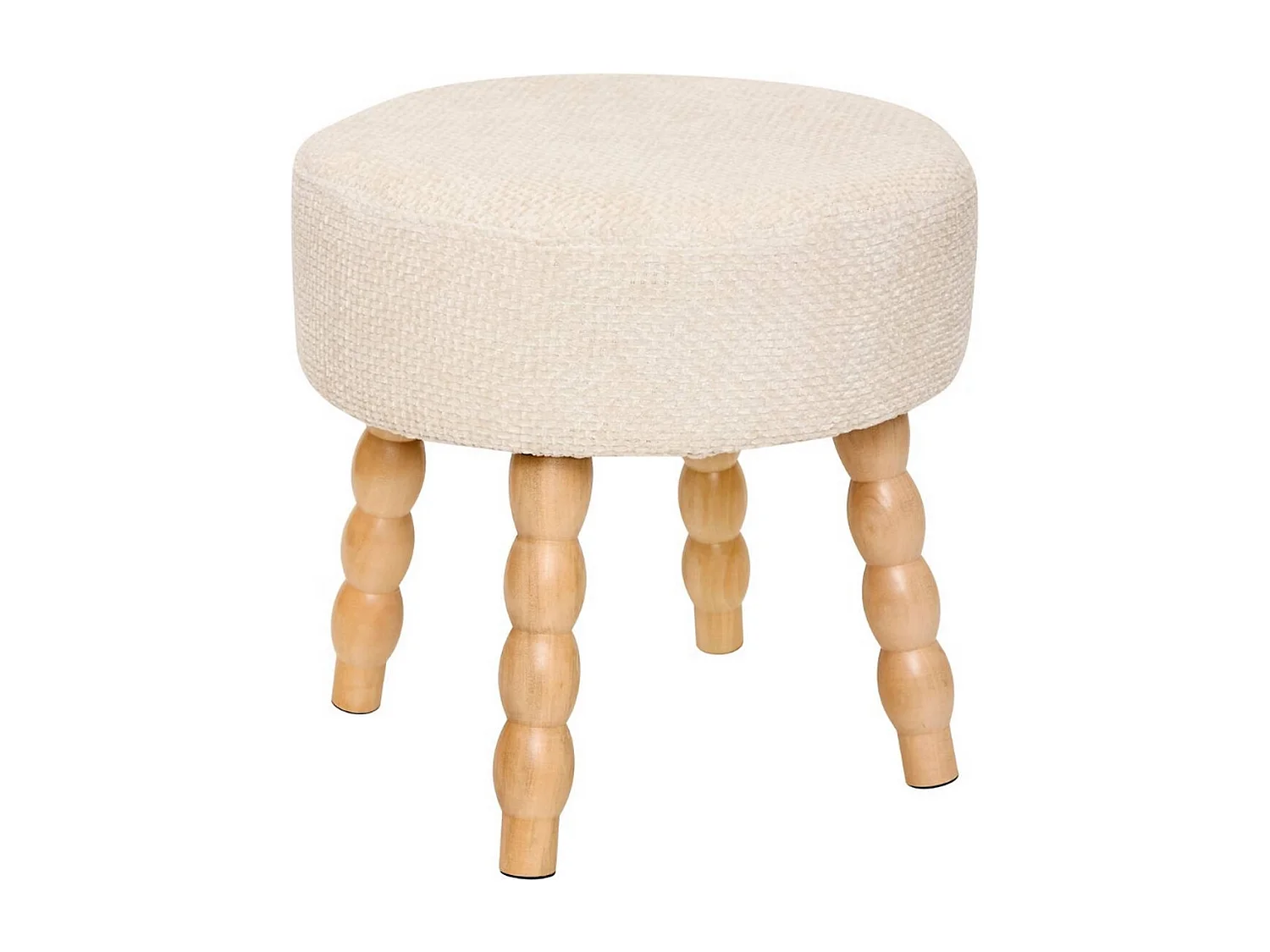 Tabouret rond rembourré tissu crème et pieds en bois - Diamètre 39 x Profondeur 38 x Hauteur 38 cm
