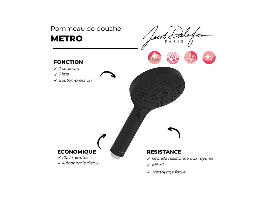 Pommeau de douche JACOB DELAFON Metro 3 jets noir + flexible + support
