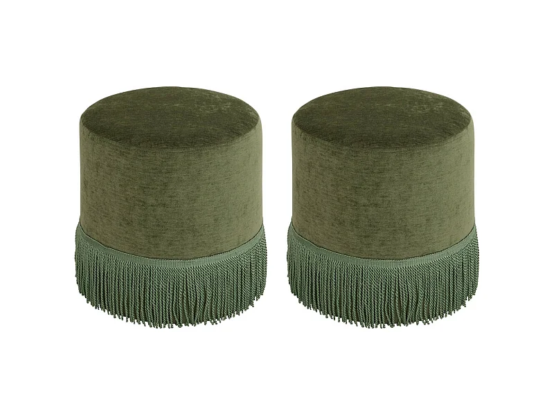 Lot de 2 Pouf chenille en velours vert - Diamètre 37,5 x Profondeur 37,5 x Hauteur 37,8 cm