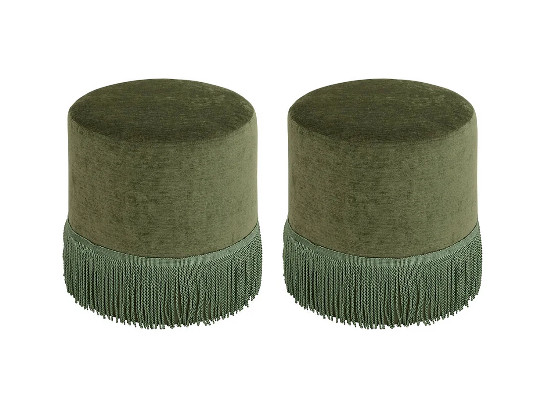 Lot de 2 Pouf chenille en velours vert - Diamètre 37,5 x Profondeur 37,5 x Hauteur 37,8 cm