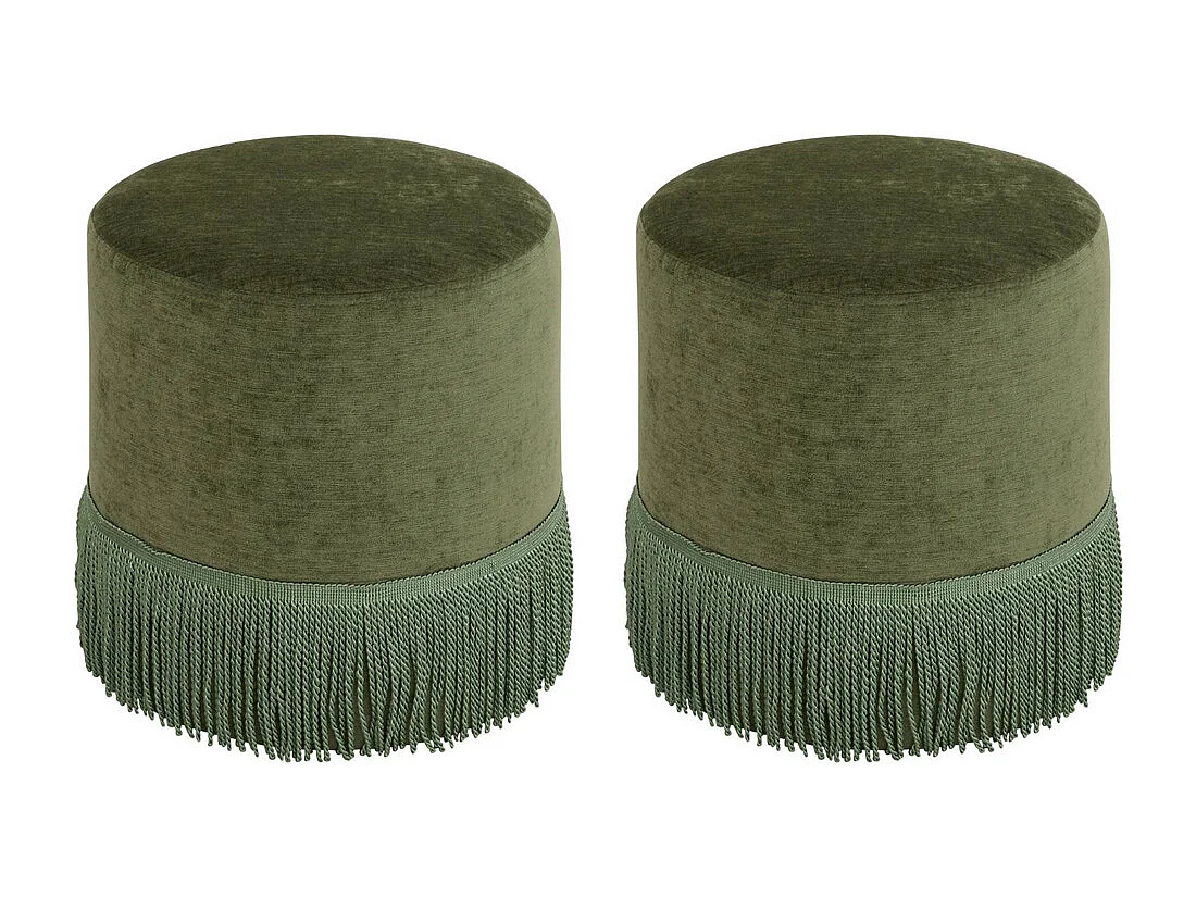 Lot de 2 Pouf chenille en velours vert - Diamètre 37,5 x Profondeur 37,5 x Hauteur 37,8 cm