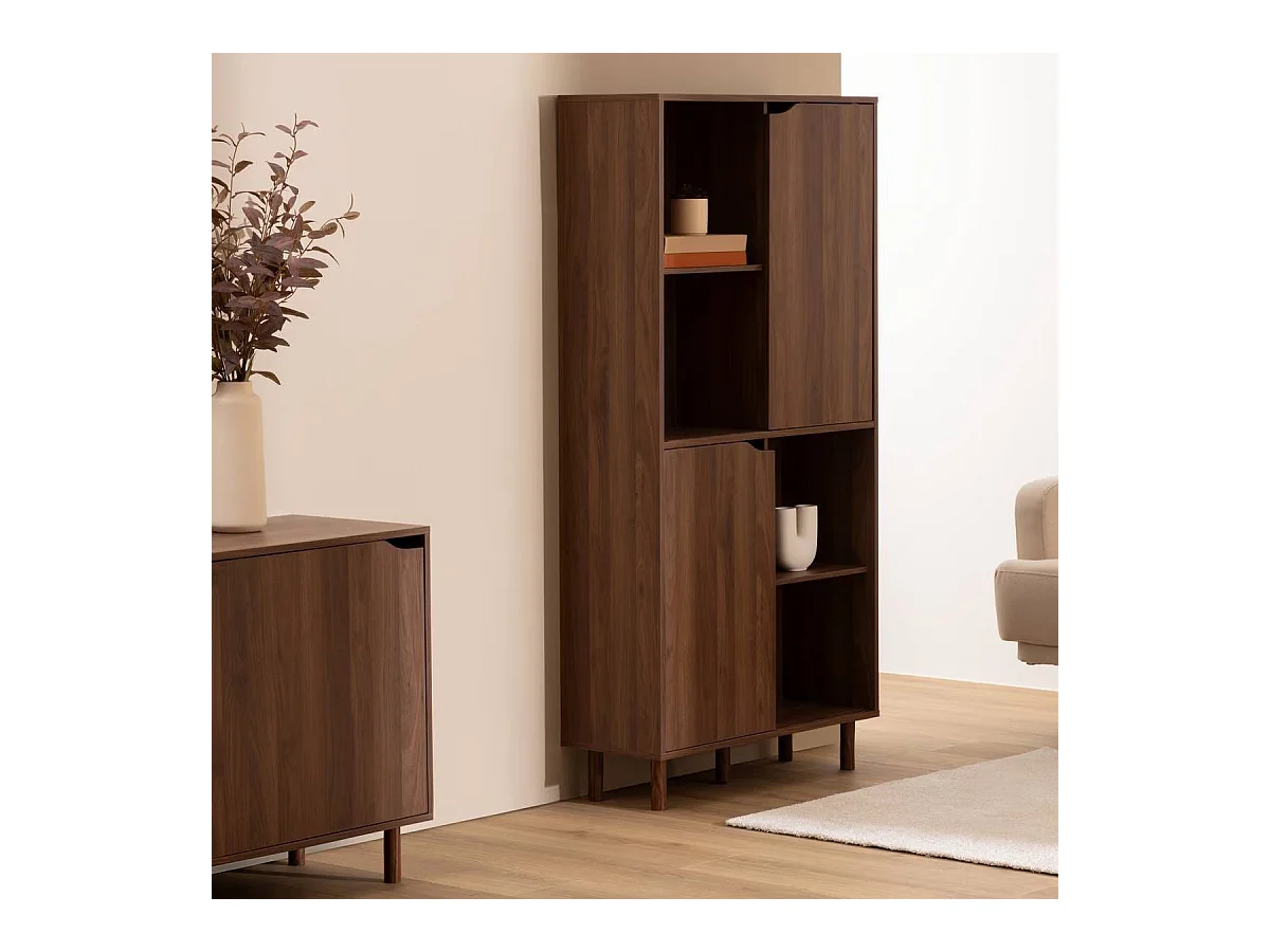 Bibliothèque de 2 portes coulissantes et 8 niches coloris marron - Longueur 80 x largeur 30 x Hauteur 159,5 cm