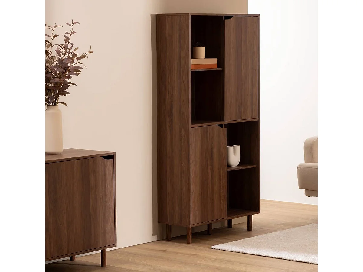 Bibliothèque de 2 portes coulissantes et 8 niches coloris marron - Longueur 80 x largeur 30 x Hauteur 159,5 cm