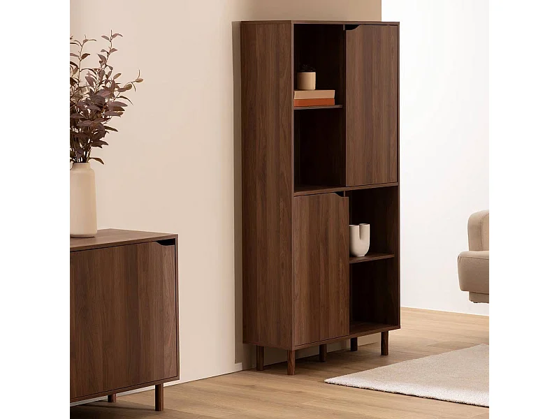 Bibliothèque de 2 portes coulissantes et 8 niches coloris marron - Longueur 80 x largeur 30 x Hauteur 159,5 cm