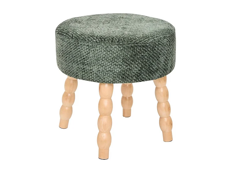 Tabouret rond rembourré tissu vert et pieds en bois - Diamètre 39 x Profondeur 38 x Hauteur 38 cm