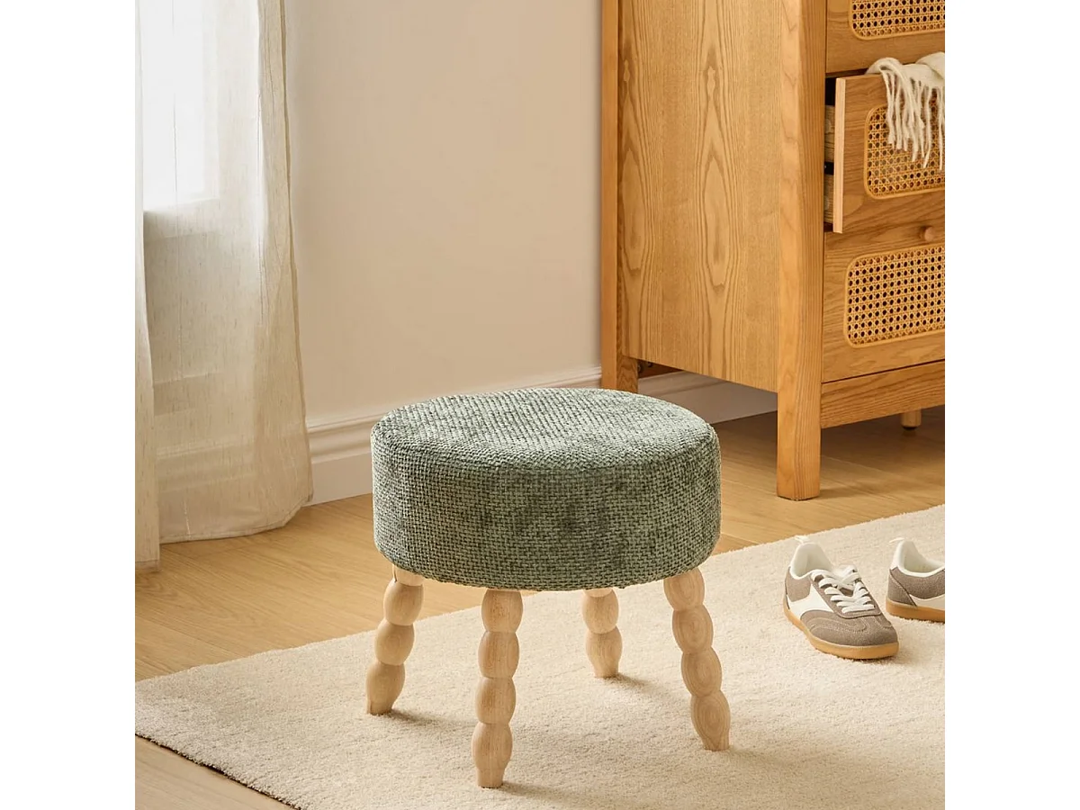 Tabouret rond rembourré tissu vert et pieds en bois - Diamètre 39 x Profondeur 38 x Hauteur 38 cm